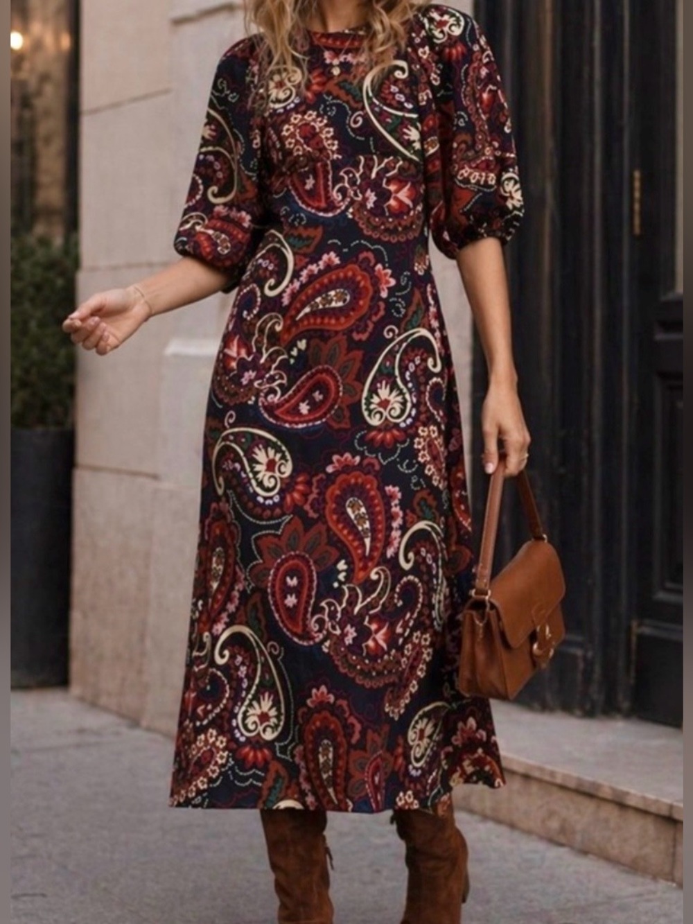Anthropologie x KACHEL NEW Paisley Puff Sleeve Midi Dress Boho NWOT Size XS